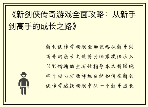《新剑侠传奇游戏全面攻略：从新手到高手的成长之路》